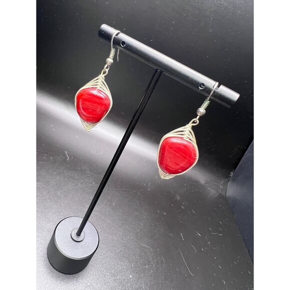 Deep Red Wire-Wrapped Earring - Picture 3 of 5